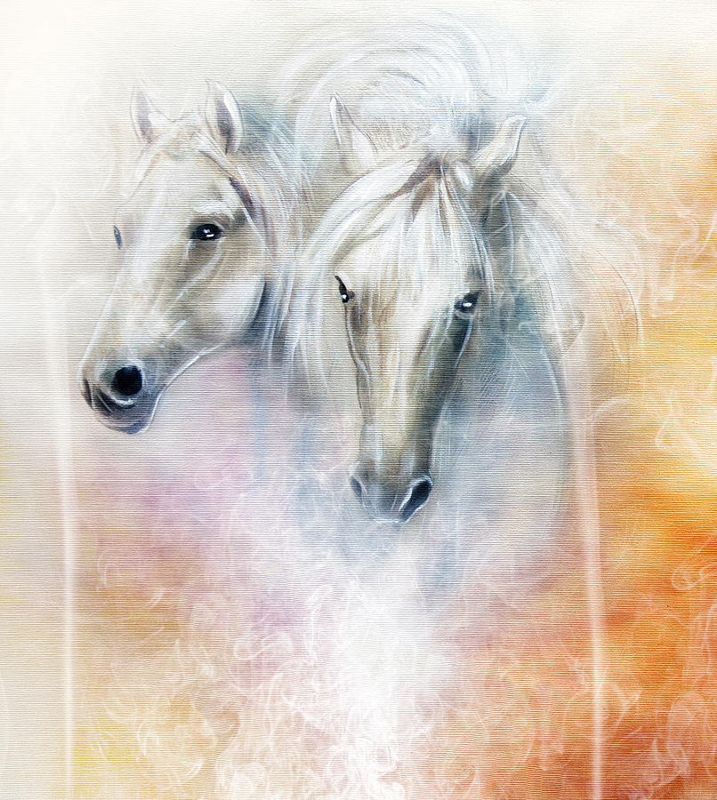 Two white horse spirits beautiful detailed oil painting on canvas ...