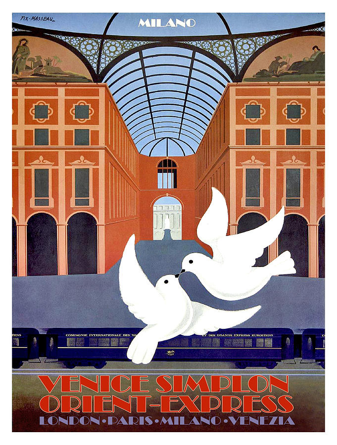 Vintage Painting - Two white pigeons on railway, Milan, Venice Simplon and Orient Express by Long Shot