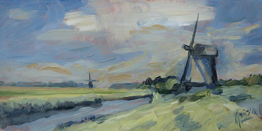 Two windmills in the polder Painting by Nop Briex