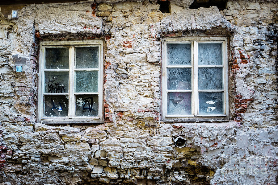 Brick Photograph - Two Old Windows in a Stone Wall by M G Whittingham