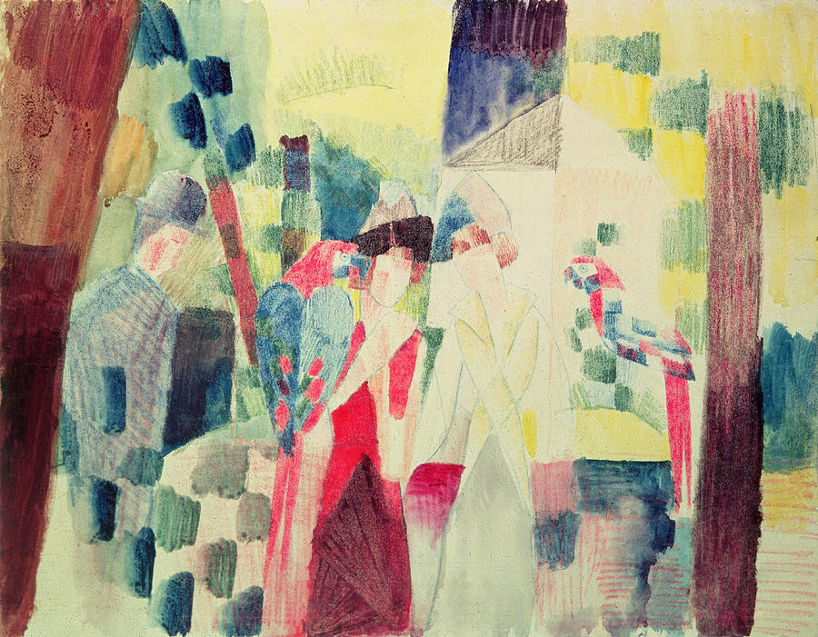 Abstract Painting - Two Women and a Man with Parrots by August Macke