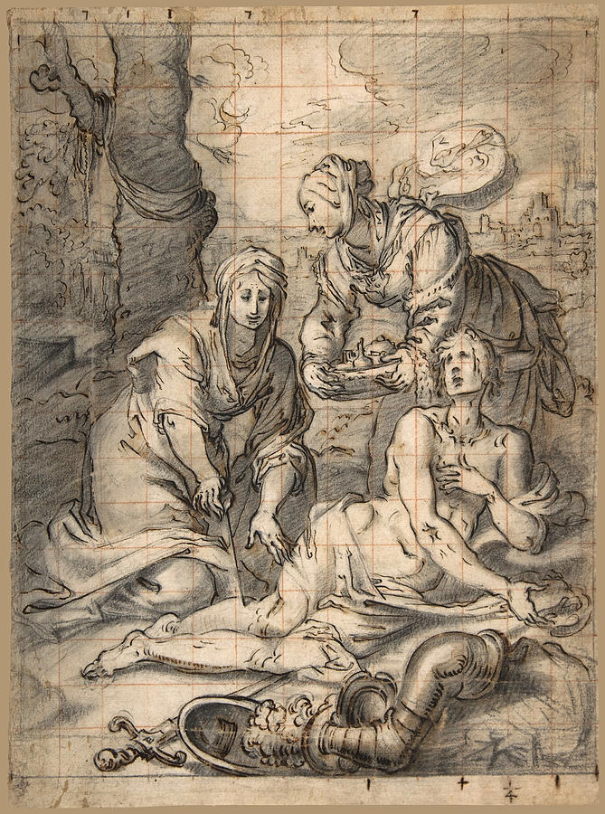 Two Women Annointing the Wounds of Saint Sebastian  Drawing by Giovanni Biliverti
