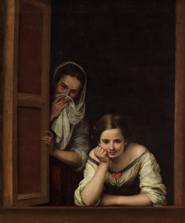 Bartolome Esteban Murillo Painting - Two Women at a Window by Bartolome Esteban Murillo