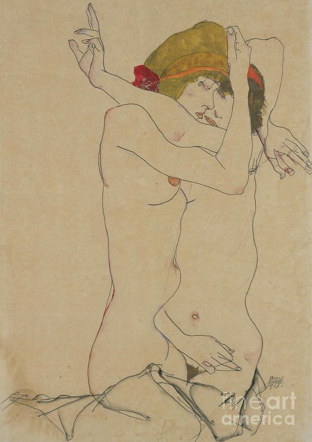 Egon Schiele Drawing - Two Women Embracing, 1913  by Egon Schiele