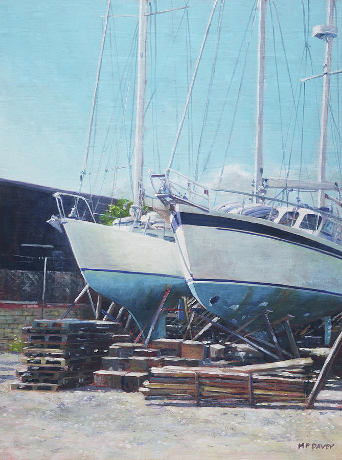 Two yachts receiving maintenance in a yard Painting by Martin Davey