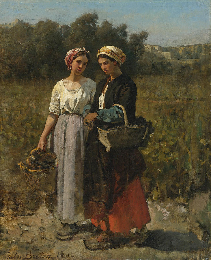 Two Young Women picking Grapes Painting by Jules Breton