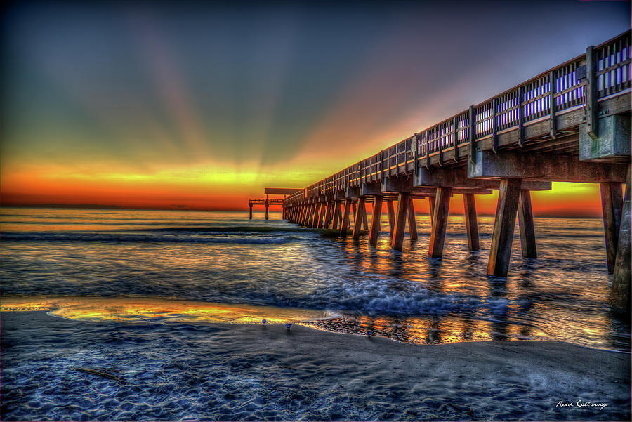 Red Sunrise Tybee Island Pier Seascape Art Photograph by Reid Callaway