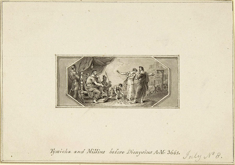 Tymicha and Millius before Dionysius Drawing by Edward Francis Burney