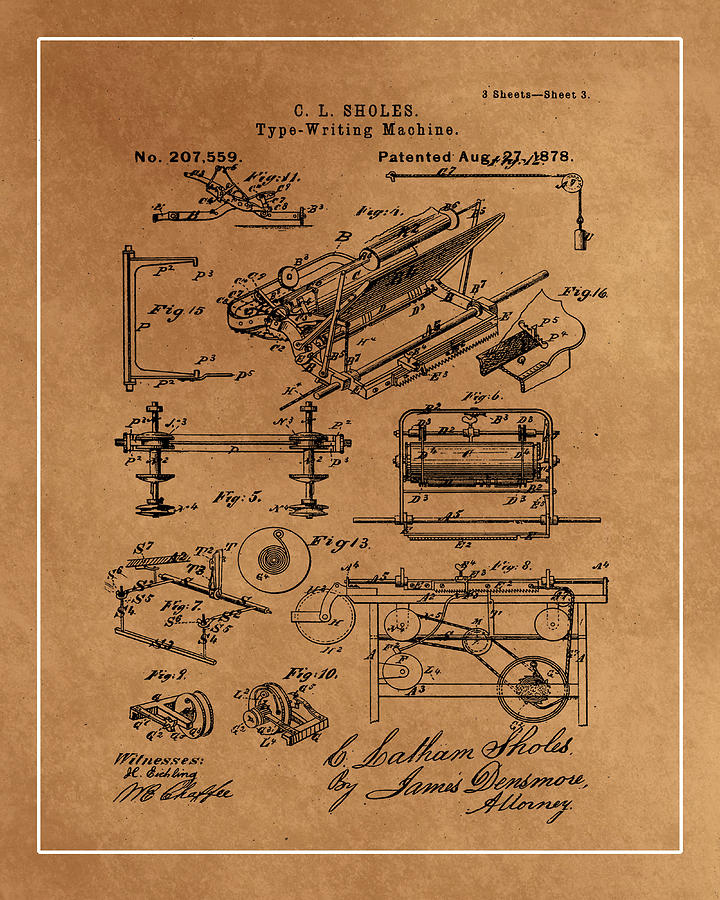 Type and Writing Machine Patent Drawing 1c Mixed Media by Brian Reaves