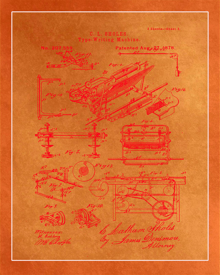 Type and Writing Machine Patent Drawing 1d Mixed Media by Brian Reaves