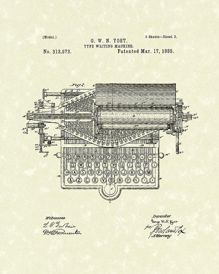 Type Writer 1885 Patent Art Drawing by Prior Art Design