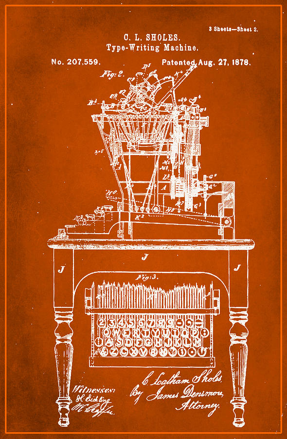 Type Writing Machine Patent Drawing 1a Mixed Media by Brian Reaves