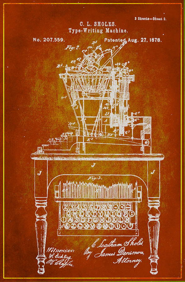 Type Writing Machine Patent Drawing 1e Mixed Media by Brian Reaves