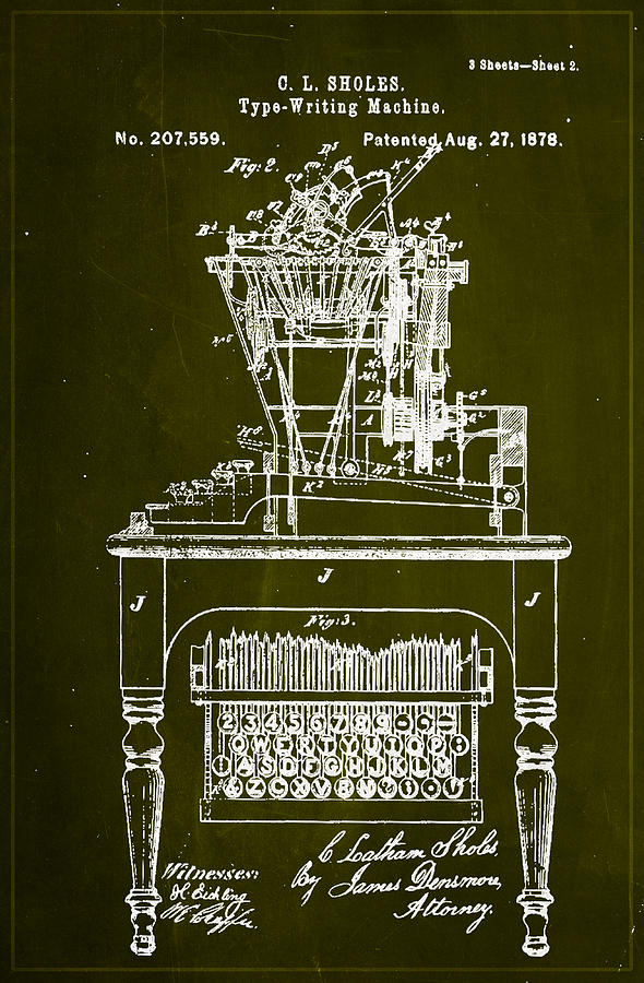 Type Writing Machine Patent Drawing 1f Mixed Media by Brian Reaves