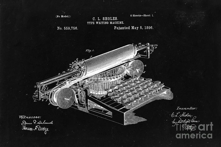 Type writing machine patent from 1896  - black Drawing by Delphimages Photo Creations