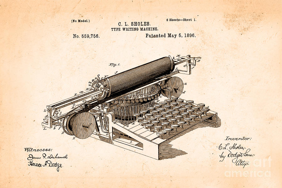 Vintage Drawing - Type writing machine patent from 1896 by Delphimages Photo Creations