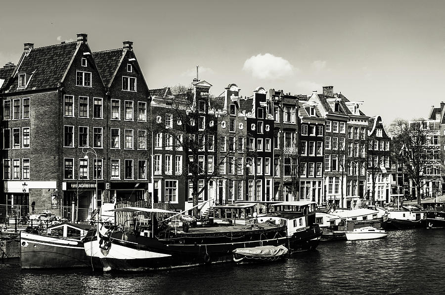 Typical Dutch Buildings in Amsterdam. Monochrome Photograph by Jenny Rainbow