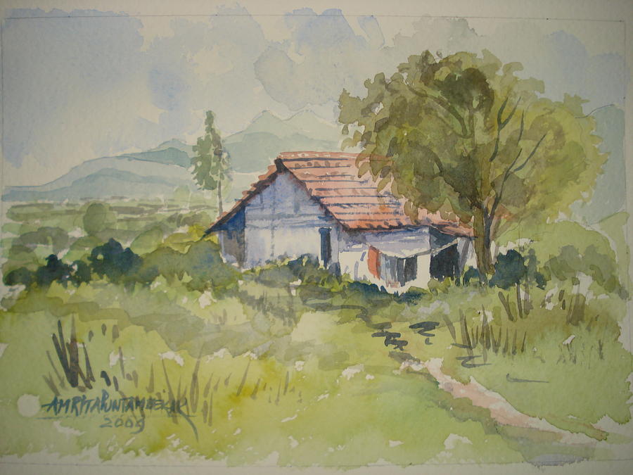 Rural India watercolor painting with two persons walking on the village  road. Nature scenic image Stock Photo - Alamy