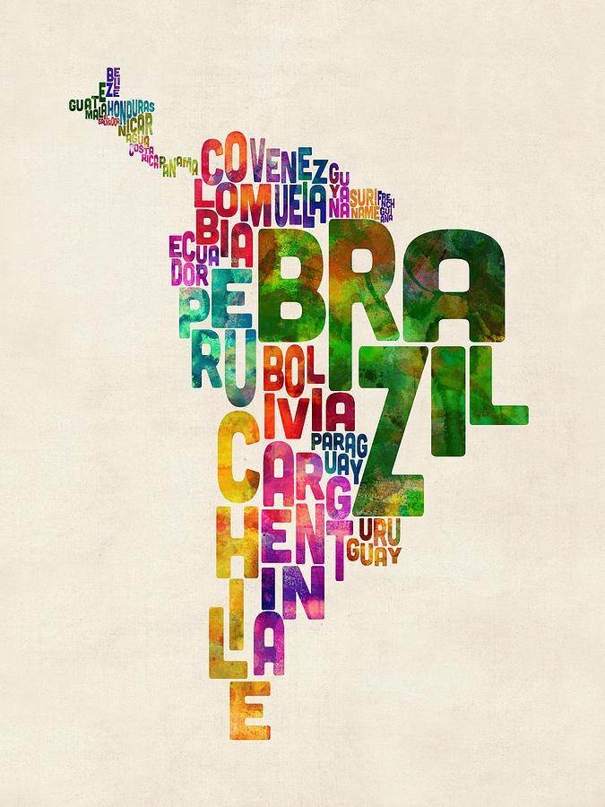 Typography Digital Art - Typography Map of Central and South America by Michael Tompsett