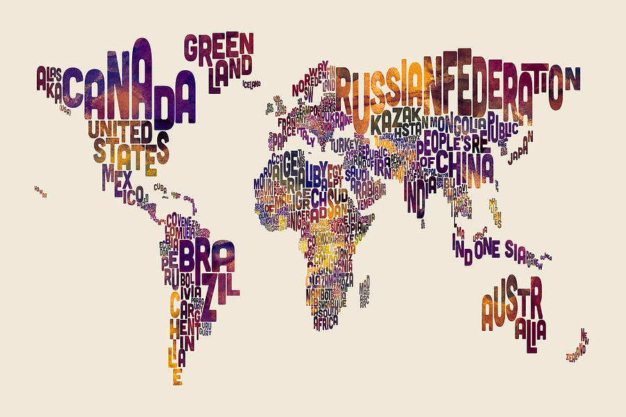 Typography Text Map of the World Map Digital Art by Michael Tompsett