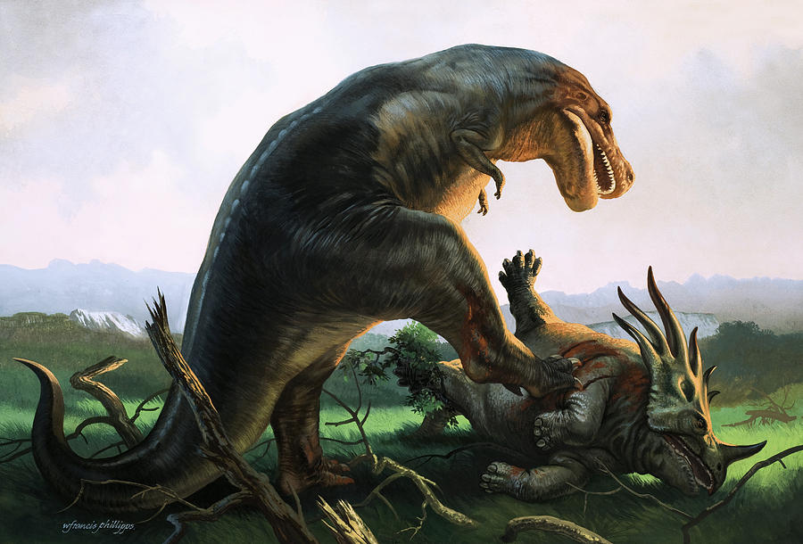 Jurassic Park Painting - Tyrannosaurus Rex eating a Styracosaurus by William Francis Phillipps