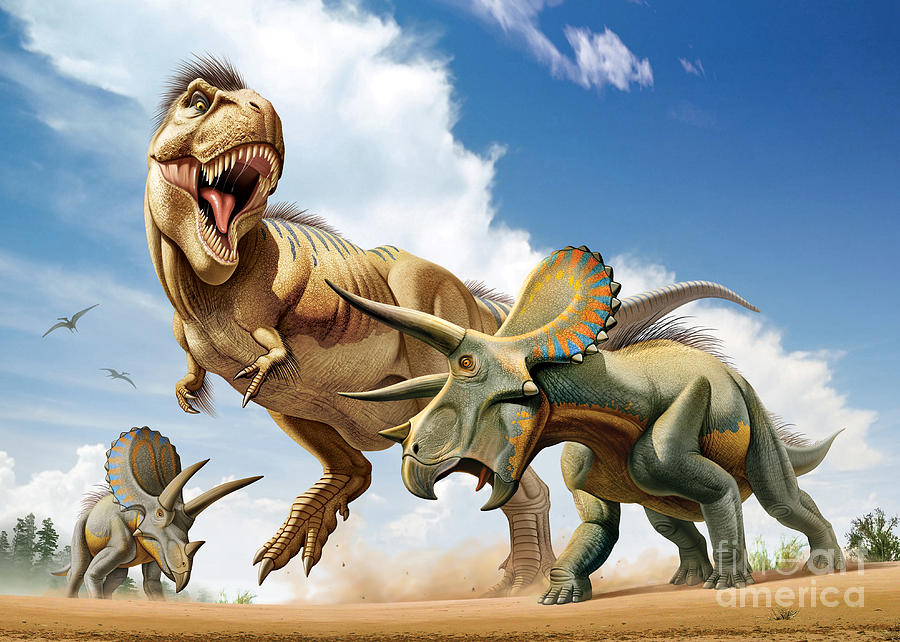 Dinosaur Digital Art - Tyrannosaurus Rex Fighting With Two by Mohamad Haghani