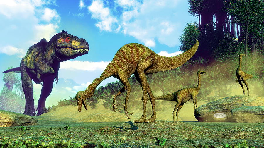 Tyrannosaurus rex surprising gallimimus dinosaurs - 3D render Digital ...