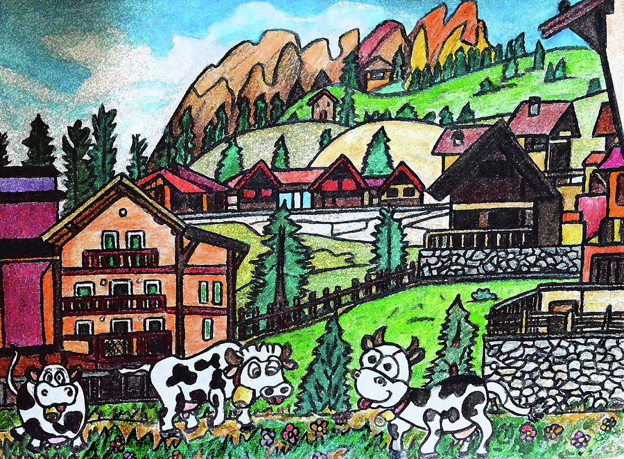 Tyroler Cows Drawing by Monica Engeler