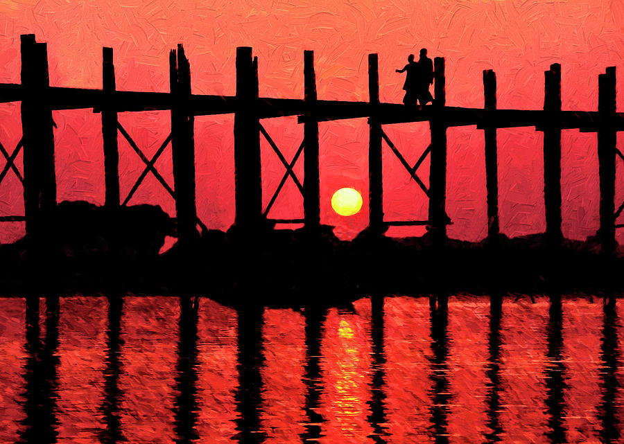 U Bein Bridge Sunset Digital Art by Dennis Cox