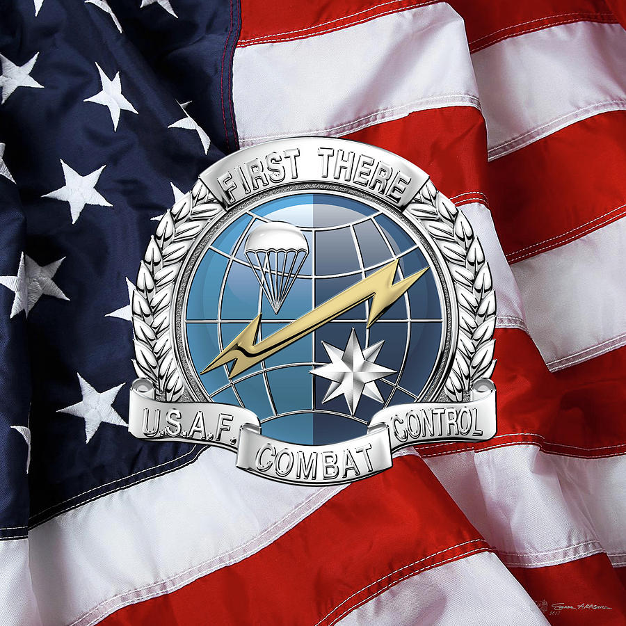 Military Digital Art - U. S.  Air Force Combat Control Teams - Combat Controller C C T Badge over American Flag by Serge Averbukh