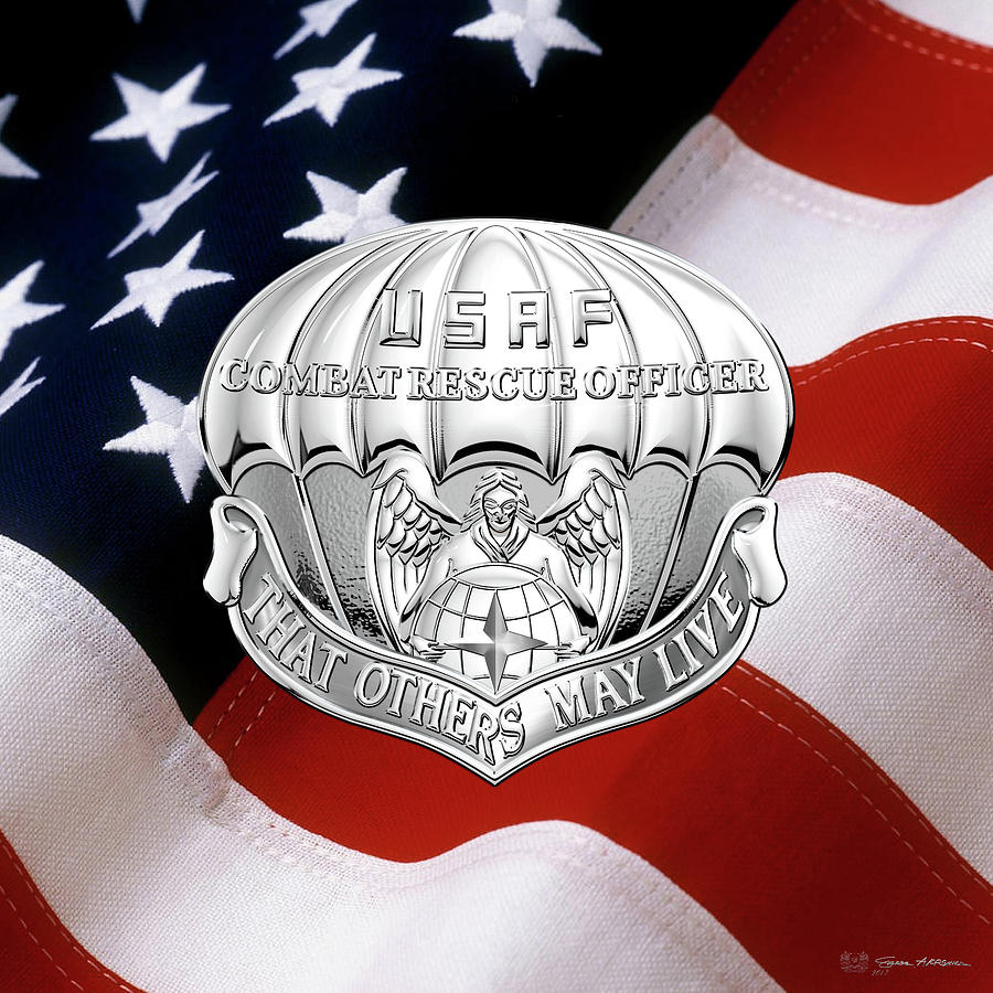 U. S.  Air Force Combat Rescue Officer - C R O Badge over American Flag Digital Art by Serge Averbukh