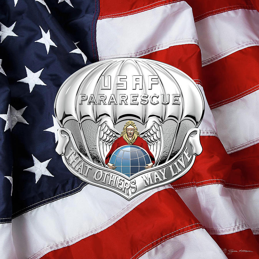 U. S.  Air Force Pararescuemen - P J Badge over American Flag Digital Art by Serge Averbukh