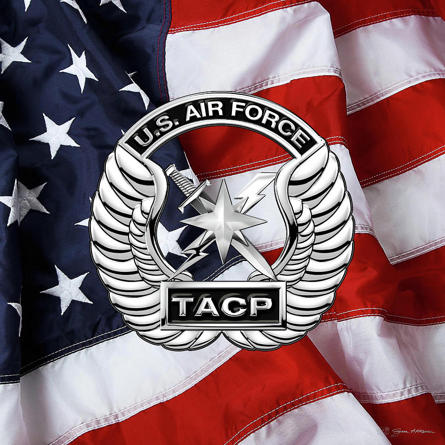 U. S.  Air Force Tactical Air Control Party -  T A C P  Badge over American Flag Digital Art by Serge Averbukh