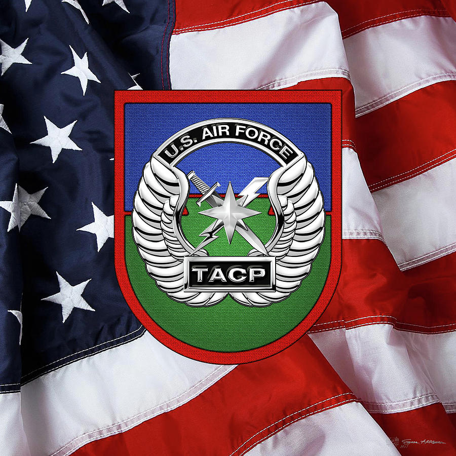 U. S.  Air Force Tactical Air Control Party -  T A C P  Beret Flash With Crest over American Flag Digital Art by Serge Averbukh