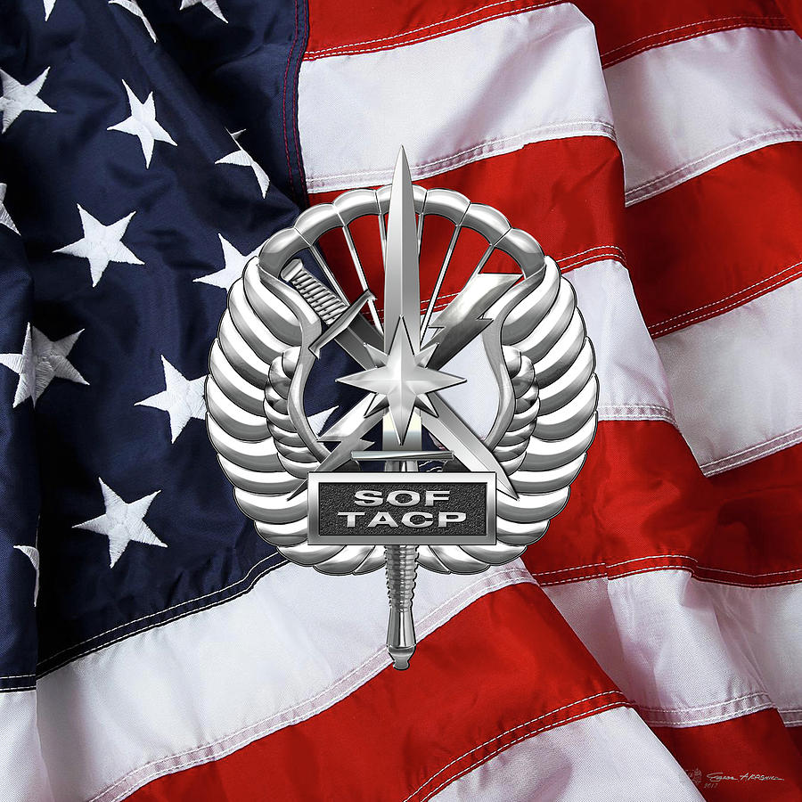 Military Digital Art - U. S.  Air Force Tactical Air Control Party - USAF Special Tactics TACP Badge over American Flag by Serge Averbukh