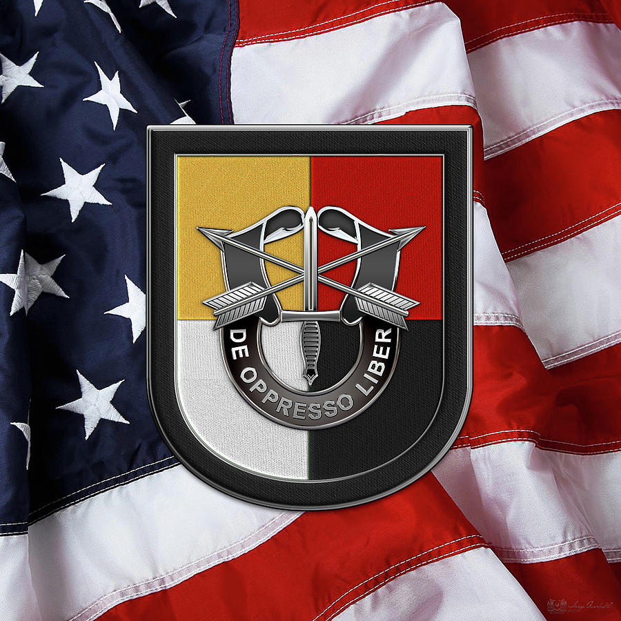 U. S.  Army 3rd Special Forces Group - 3  S F G  Beret Flash over American Flag Digital Art by Serge Averbukh