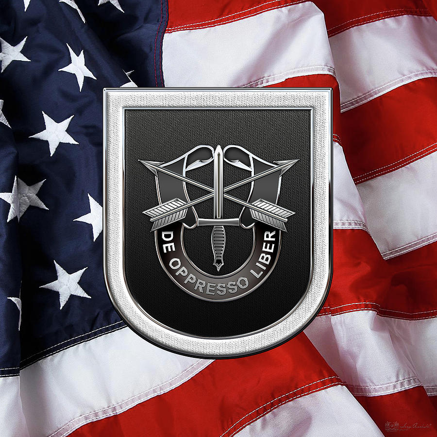 U. S.  Army 5th Special Forces Group - 5  S F G  Beret Flash over American Flag Digital Art by Serge Averbukh
