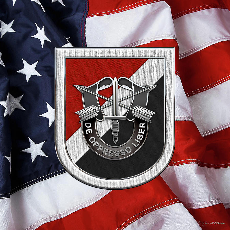 U. S.  Army 6th Special Forces Group - 6th S F G  Beret Flash over American Flag Digital Art by Serge Averbukh