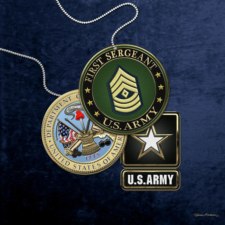 U. S. Army First Sergeant -  1 S G  Rank Insignia with Army Seal and Logo over Blue Velvet Digital Art by Serge Averbukh