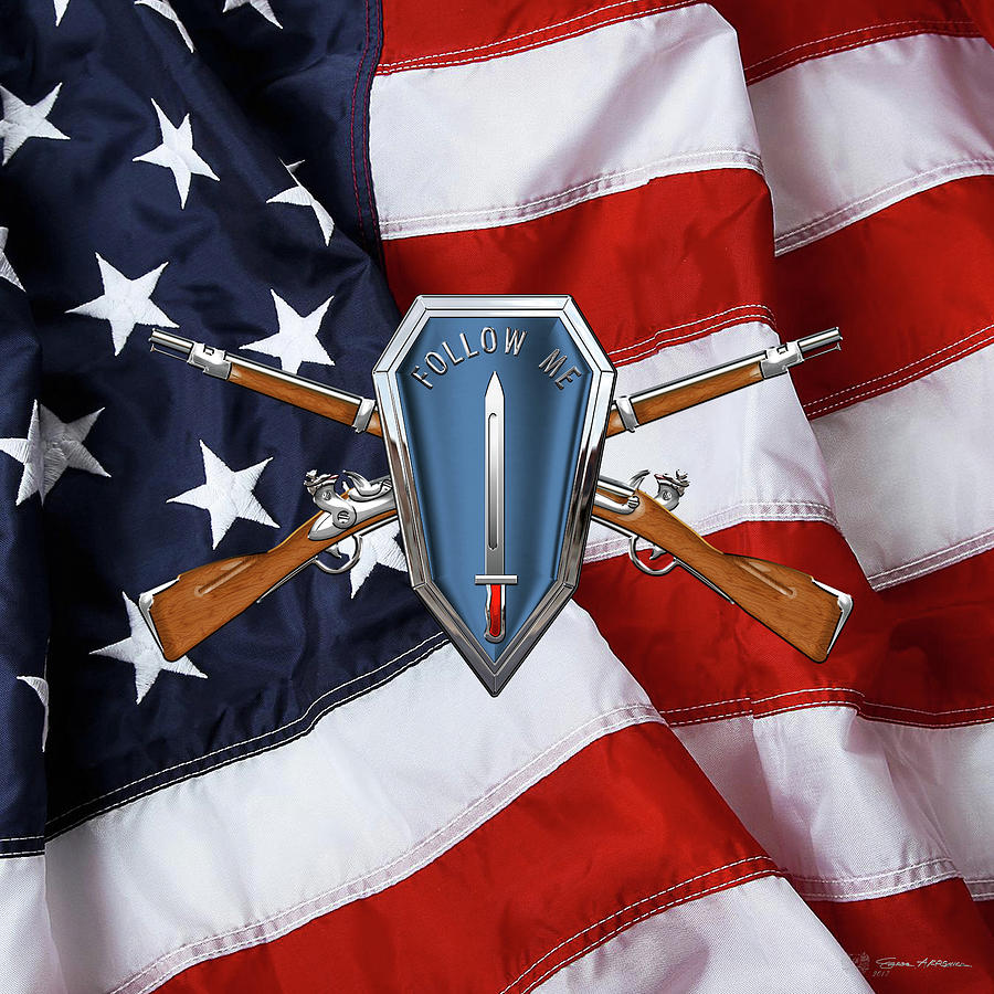 U. S. Army Infantry School Distinctive Unit Insignia over American Flag  Digital Art by Serge Averbukh