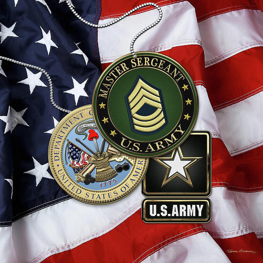 U. S. Army Master Sergeant   -  M S G  Rank Insignia with Army Seal and Logo over American Flag Digital Art by Serge Averbukh