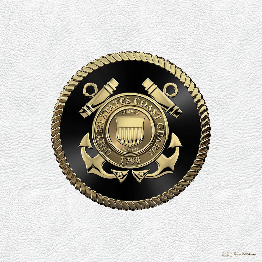 U. S.  Coast Guard  -  U S C G Emblem Black Edition over White Leather Digital Art by Serge Averbukh