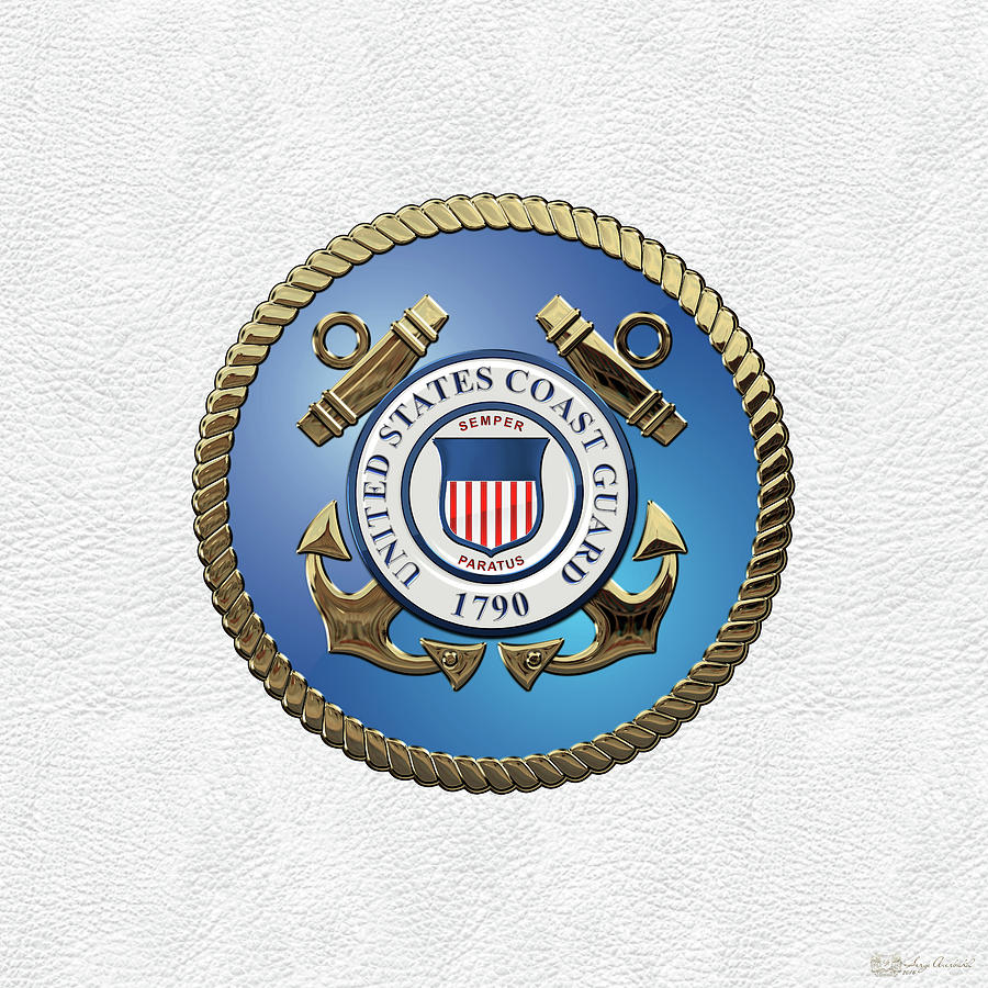 U. S.  Coast Guard  -  U S C G Emblem over White Leather Digital Art by Serge Averbukh