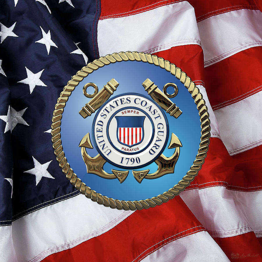 U. S. Coast Guard - U S C G Emblem over American Flag Digital Art by Serge Averbukh