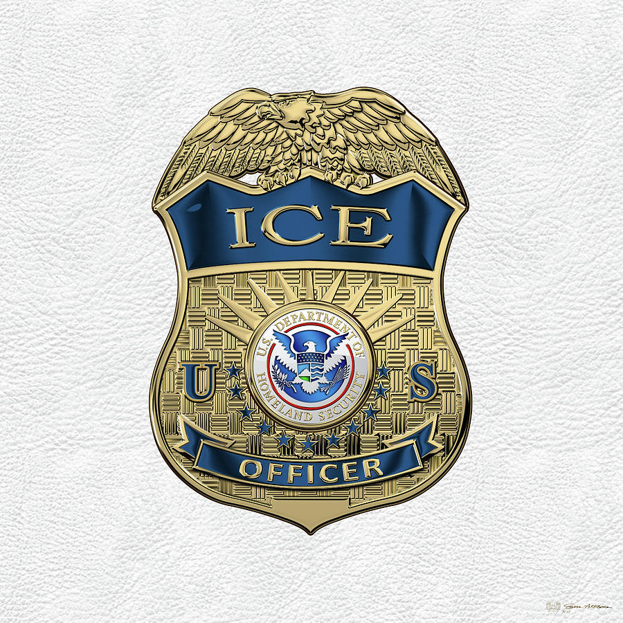 U. S. Immigration and Customs Enforcement  -  I C E  Officer Badge over White Leather Digital Art by Serge Averbukh