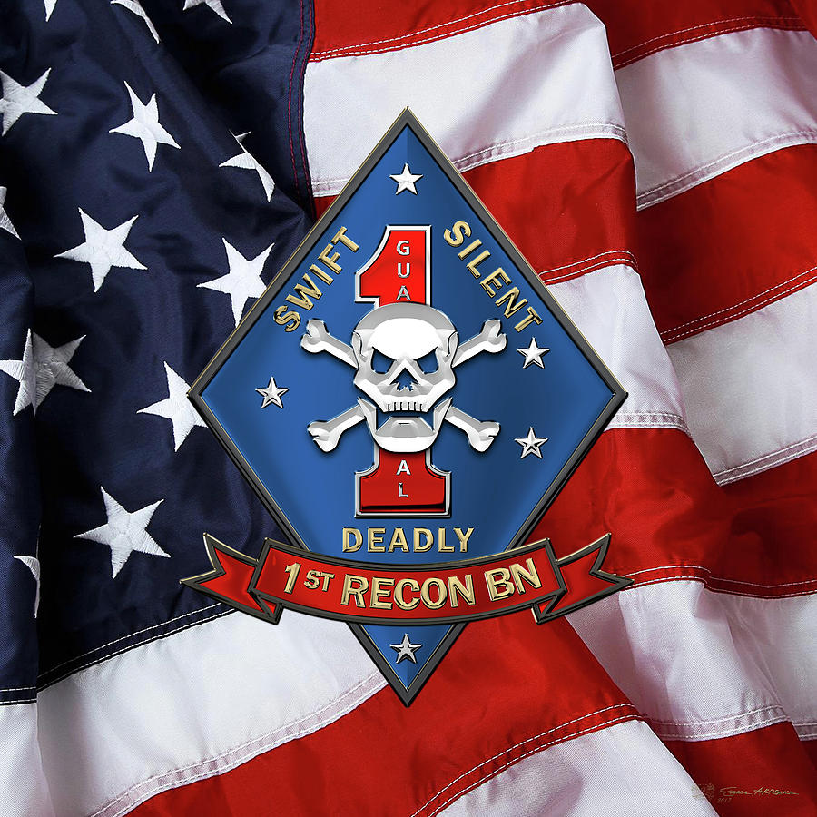 U S M C  1st Reconnaissance Battalion -  1st Recon Bn Insignia over American Flag Digital Art by Serge Averbukh