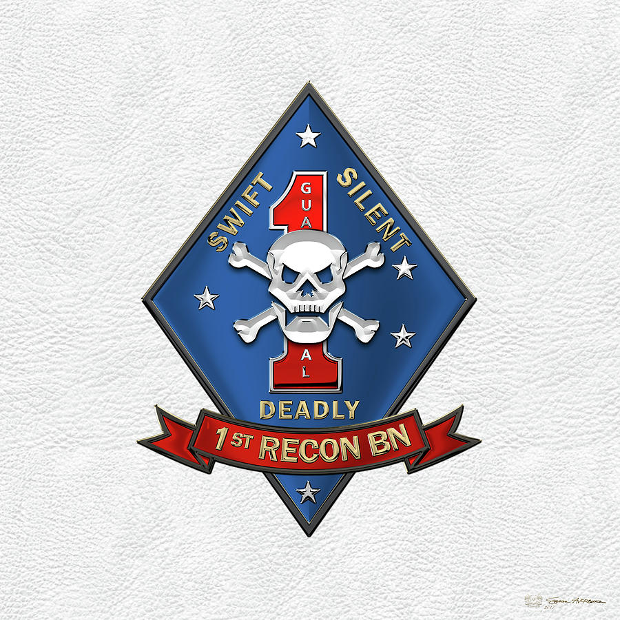 U S M C  1st Reconnaissance Battalion -  1st Recon Bn Insignia over White Leather Digital Art by Serge Averbukh