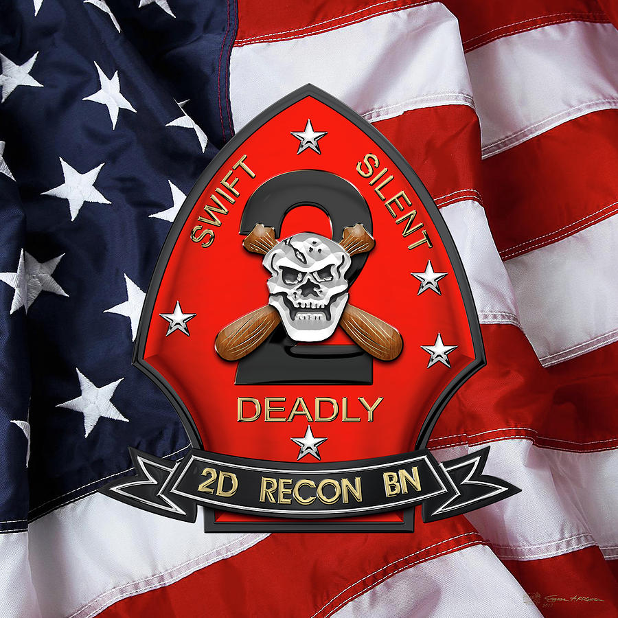 U S M C  2nd Reconnaissance Battalion -  2nd Recon Bn Insignia over American Flag Digital Art by Serge Averbukh