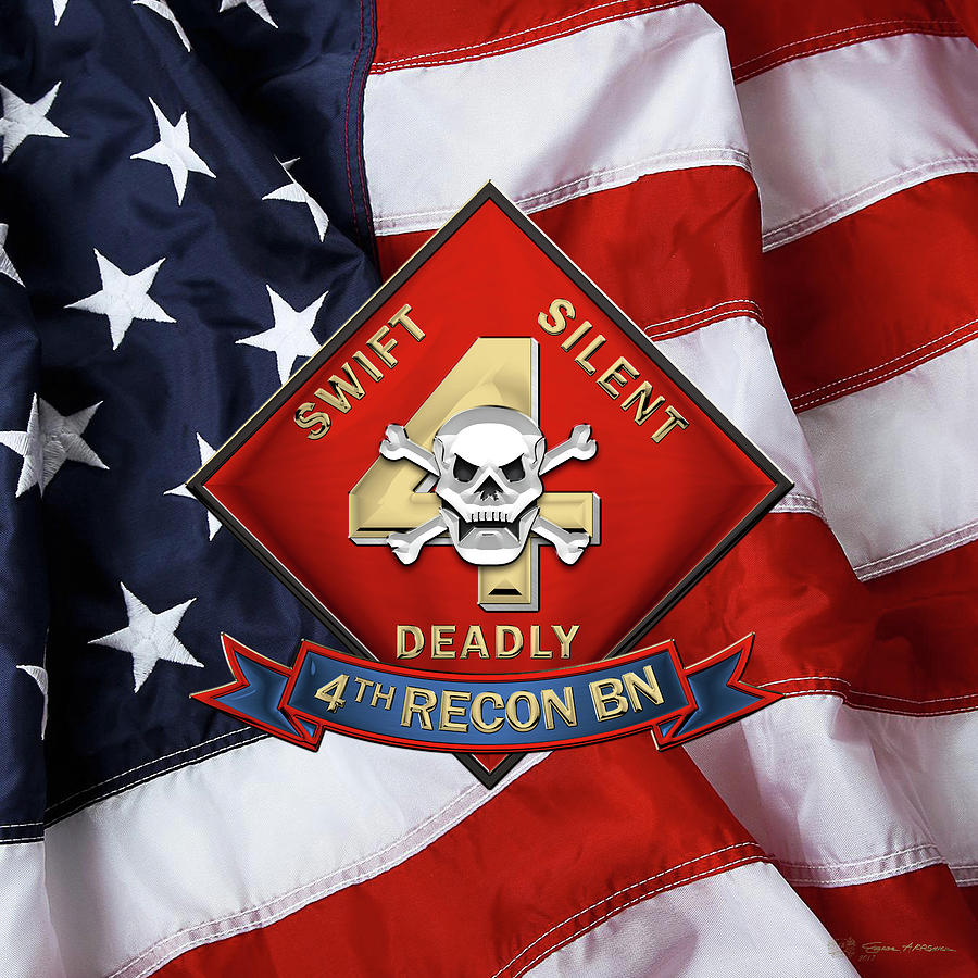 U S M C  4th Reconnaissance Battalion -  4th Recon Bn Insignia over American Flag Digital Art by Serge Averbukh
