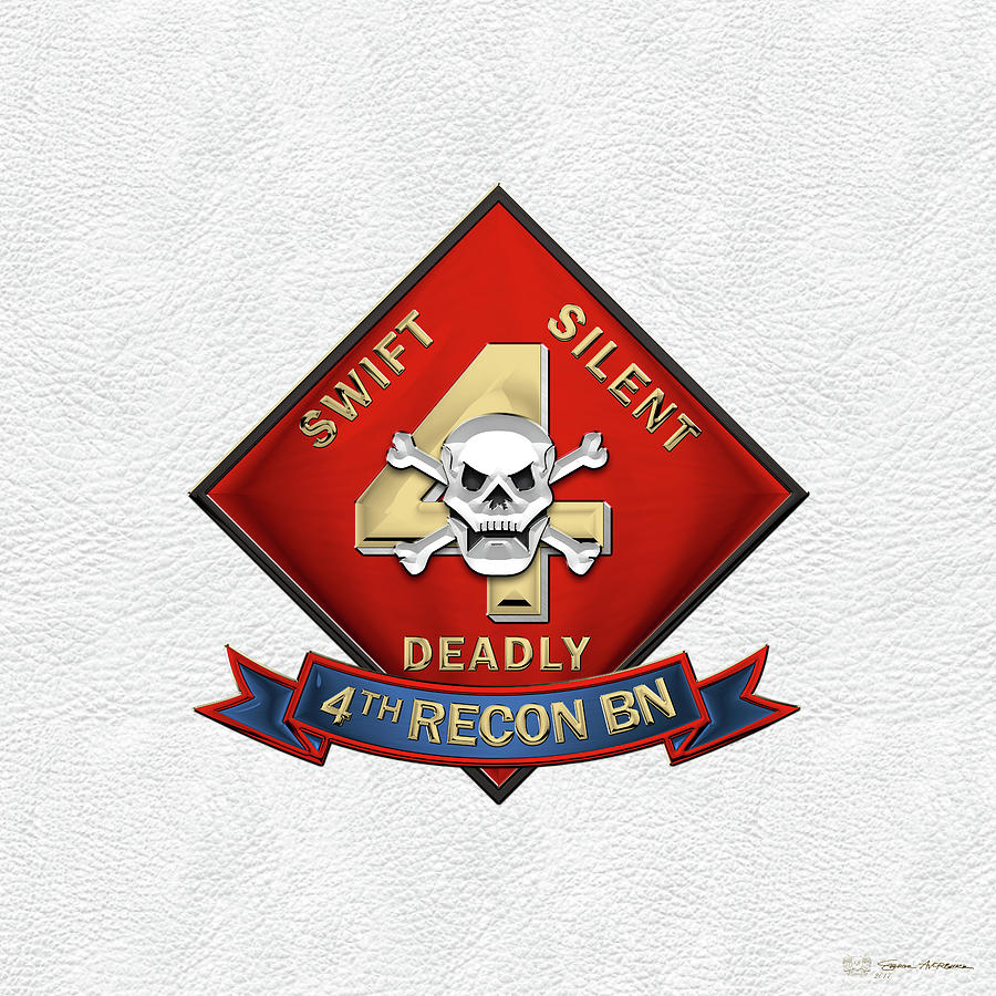 U S M C  4th Reconnaissance Battalion -  4th Recon Bn Insignia over White Leather Digital Art by Serge Averbukh